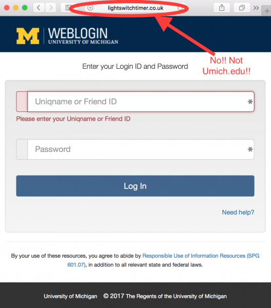 A fake University of Michigan login page is presented by the link.