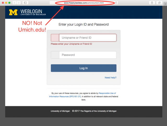 A fake University of Michigan login page is presented by the link.