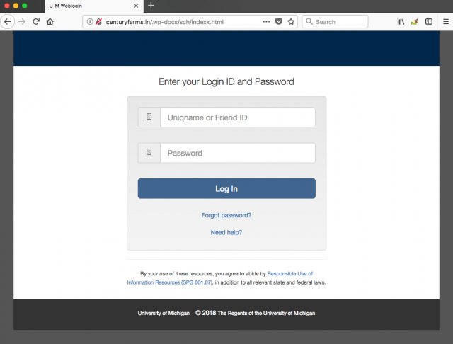 A fake U-M login page is presented by a link in the phishing email.