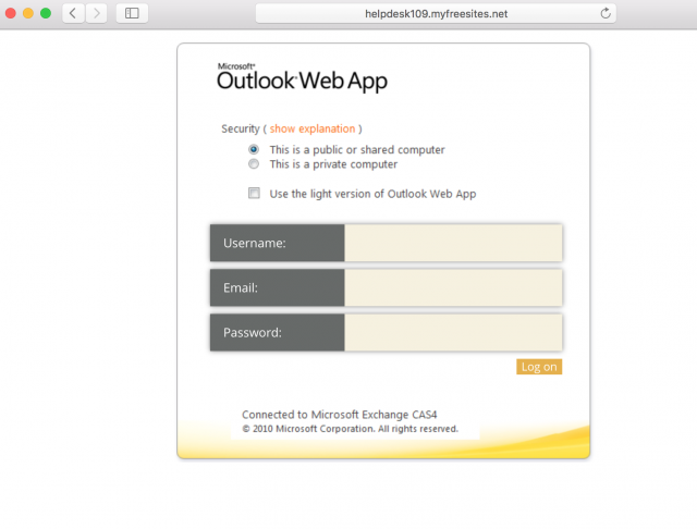 Fake Outlook login page is presented by link.