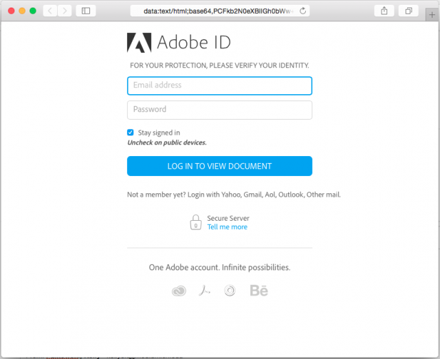 Fake login page is presented in the message.