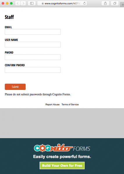 Fake login form is presented by link.