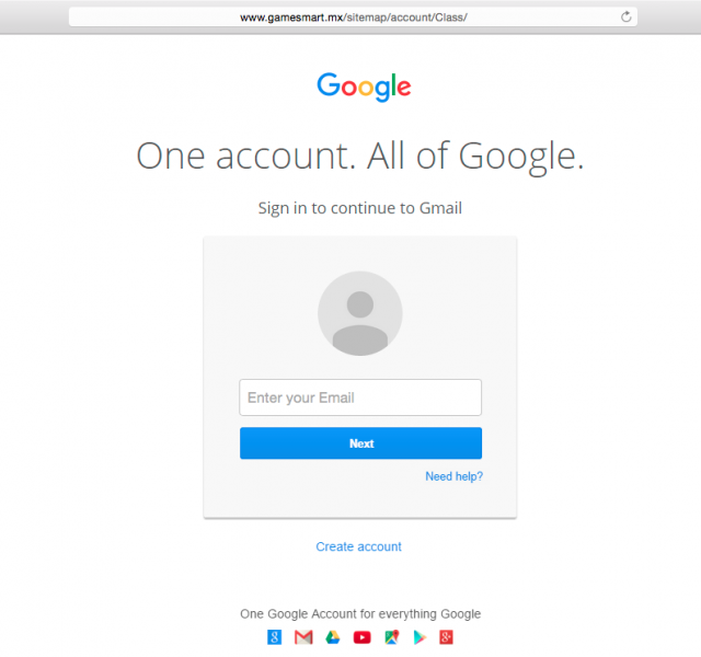 Fake Google login page is presented by link.