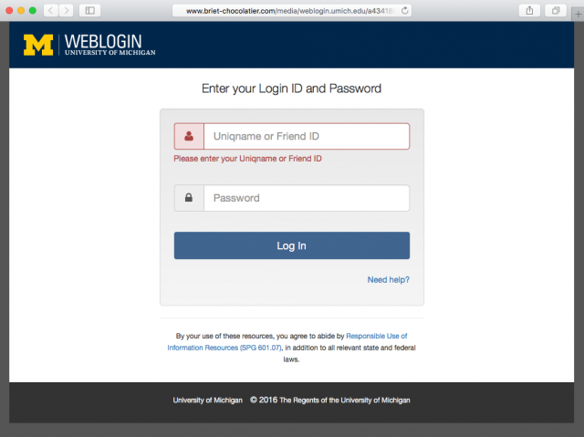 Fake U-M login page is presented by the link.