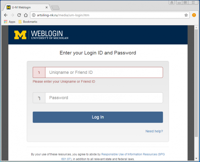 Fake U-M login page is presented by the link.