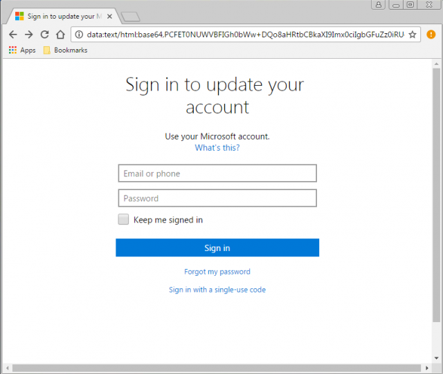 A fake Microsoft login page is presented by the link.