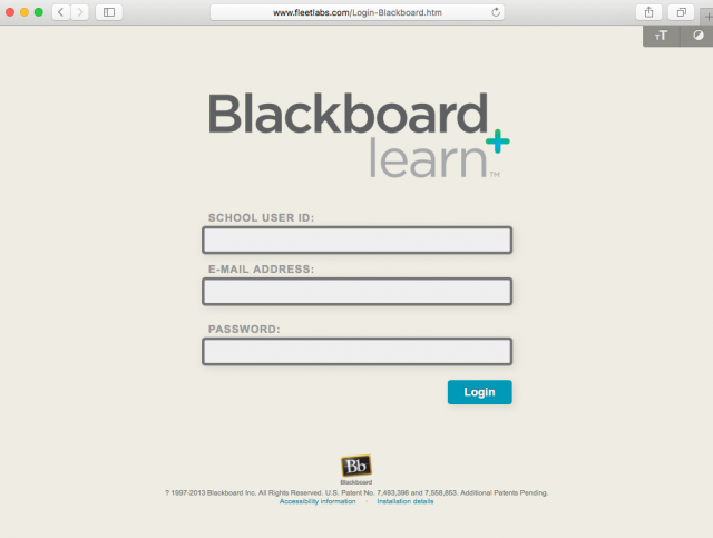 Fake Blackboard login screen is presented by the link.