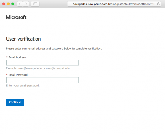 A fake Microsoft user verification page is presented by the link.