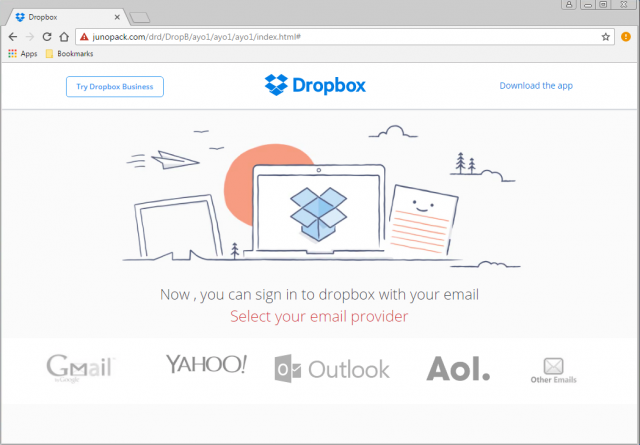 A fake Dropbox or Google login page is presented by the link.