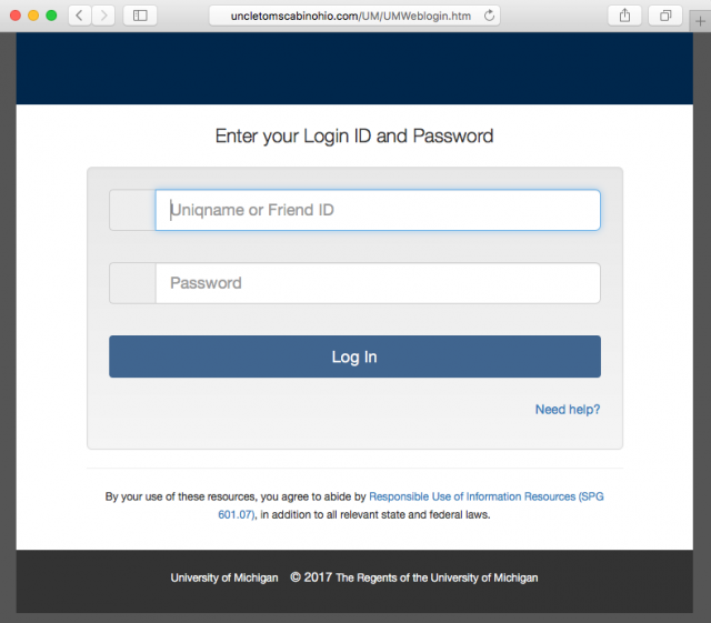 A fake University of Michigan login page is presented by the link.