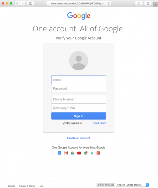 A fake Google login page is presented by the link.