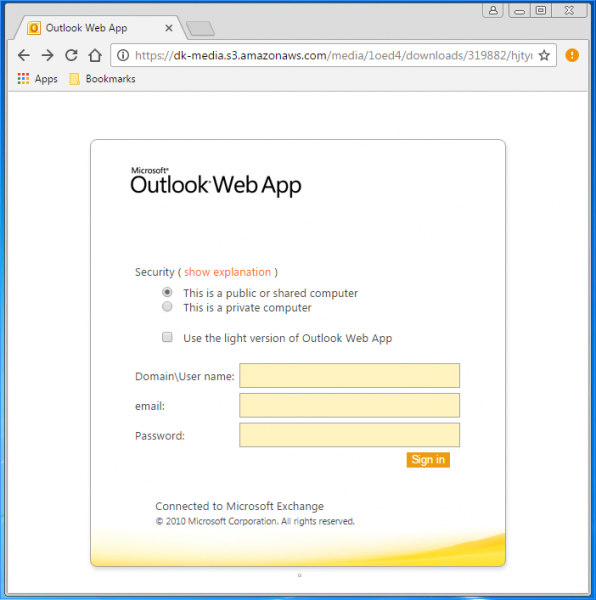 A fake login page is presented by the link.