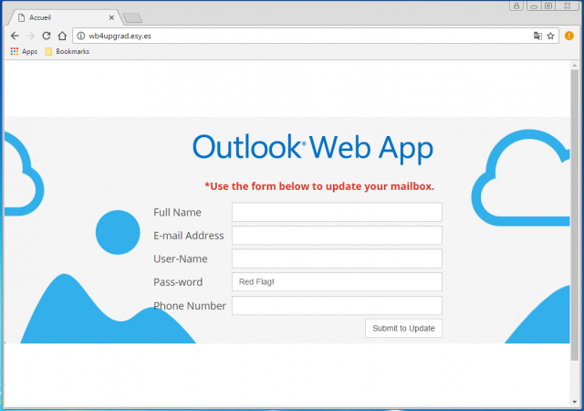 A fake login page is presented by the link.
