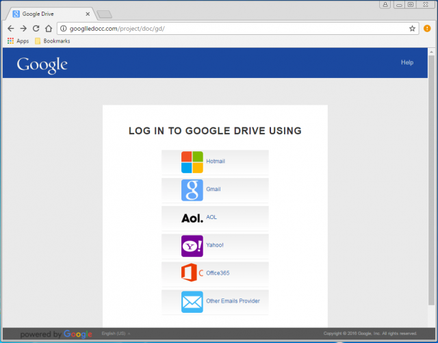 A fake login page with many service options is presented by the link.