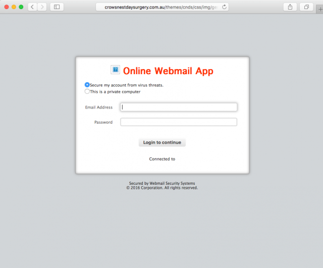 A fake login page is presented by the link.