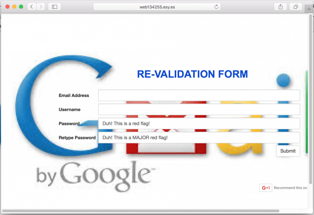 A fake login or validation page is presented by the link.