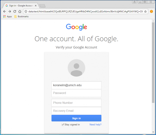 A fake login screen is presented by the link.