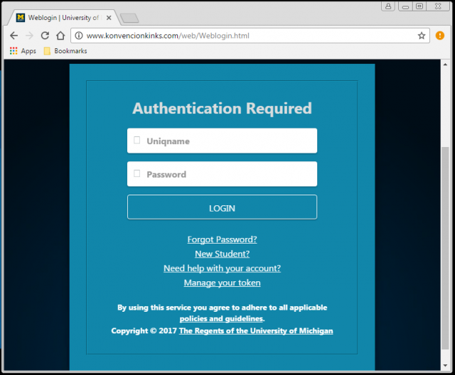 A fake University of Michigan login page is presented by the link.