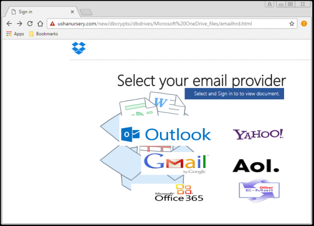 A fake login page is presented by the link.