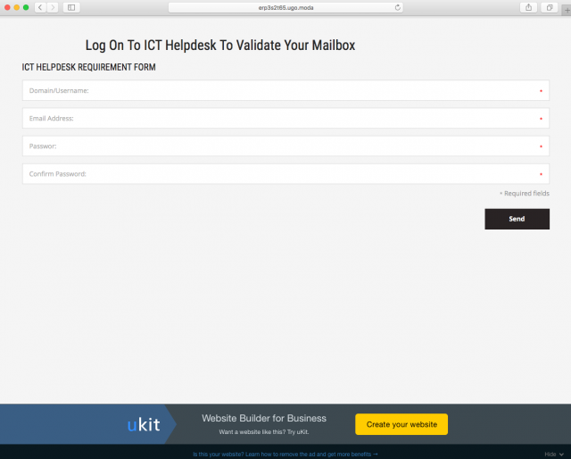 A fake login page is presented by the link.