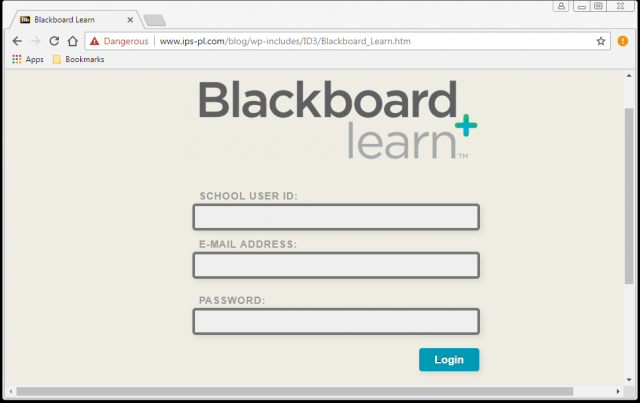 A fake login page is presented by the link.