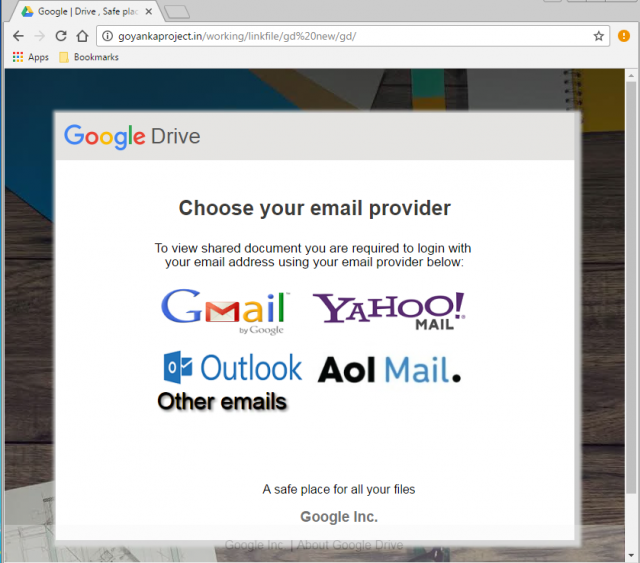 A fake login page is presented by the link.