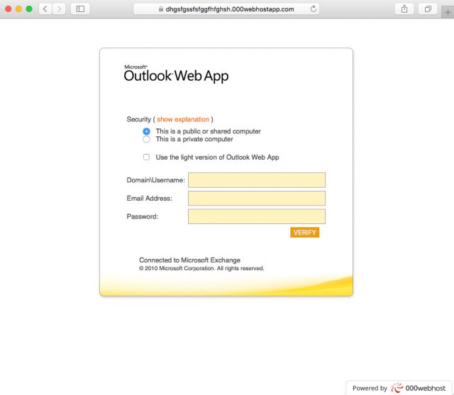 A fake Outlook login page is presented by the link.