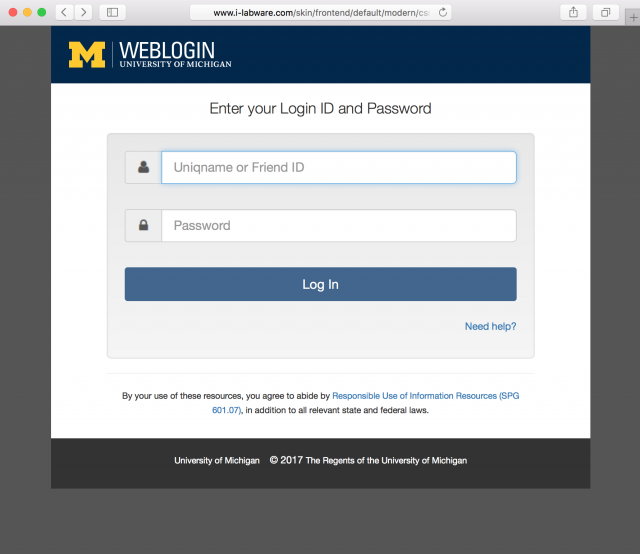 A fake University of Michigan login page is presented by the link.