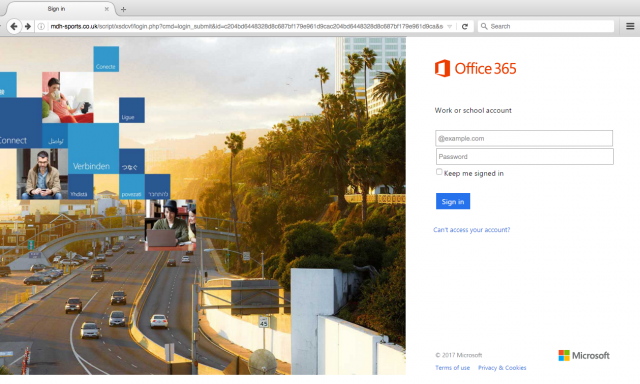 A fake Office login page is presented by the link.
