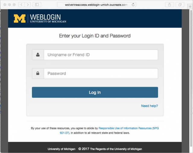 A fake University of Michigan login page is presented by the link.