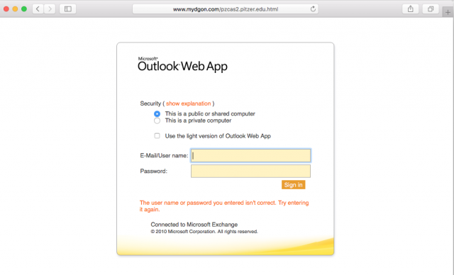 A fake login page is presented by the link.