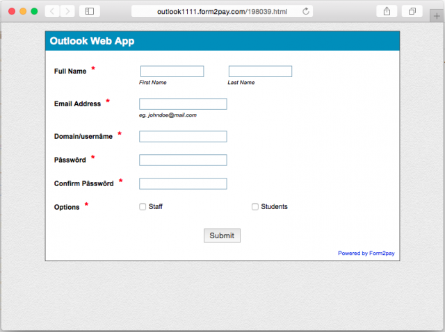 A fake login page is presented by the link.