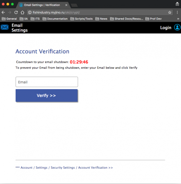 A fake login and verification page is presented by the link.