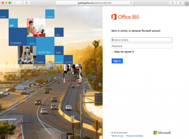 A fake login page is presented by the link.