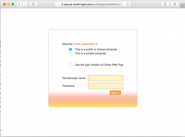 A fake login page is presented by the link.