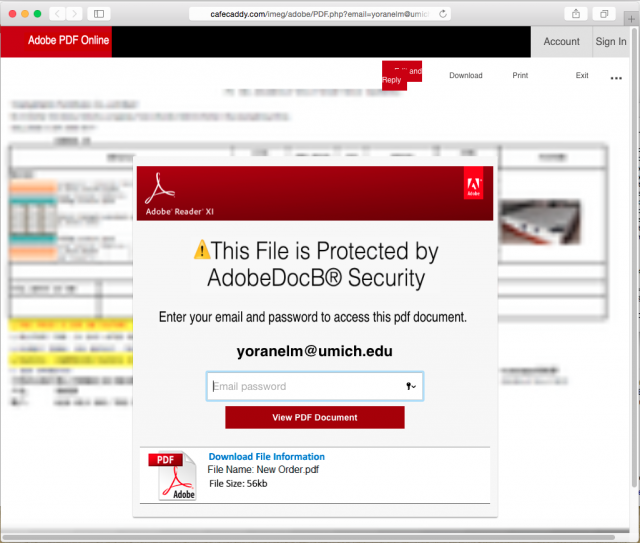 A fake Adobe security login is presented by the link.