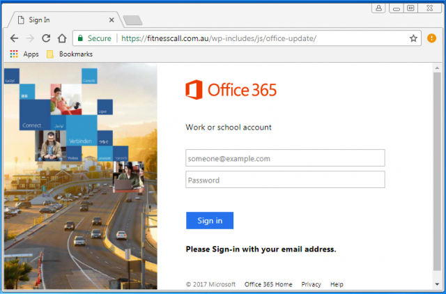 A fake Office login page is presented by the link.