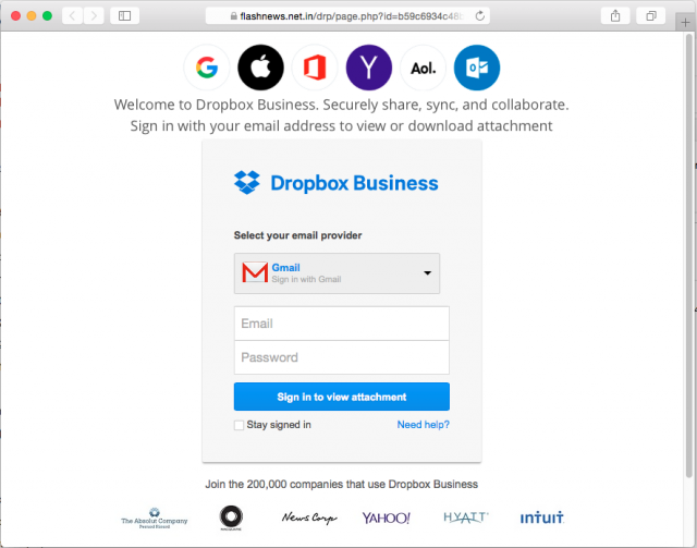 A fake Drop Box login page is presented by the link.