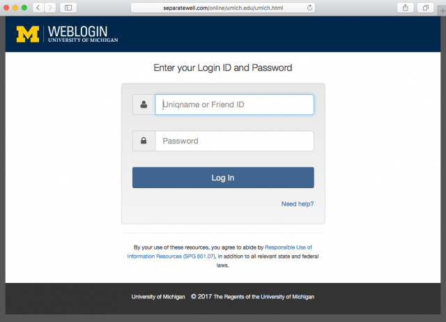 A fake University of Michigan login page is presented by the link.