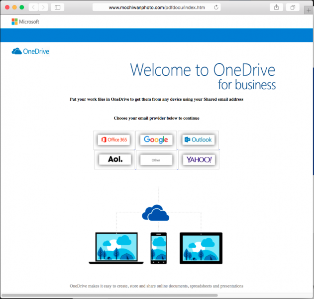 A fake One Drive login is presented by the link in the P D F.