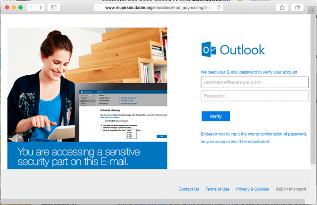 A fake login screen is presented by the link.