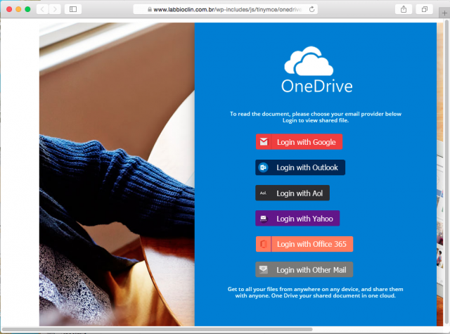 A fake One Drive login is presented by the link.