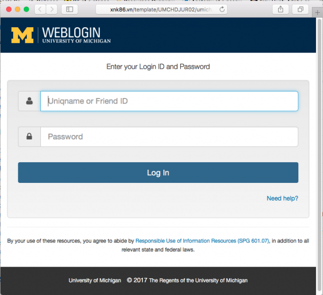 A fake University of Michigan screen shot is presented by the link.