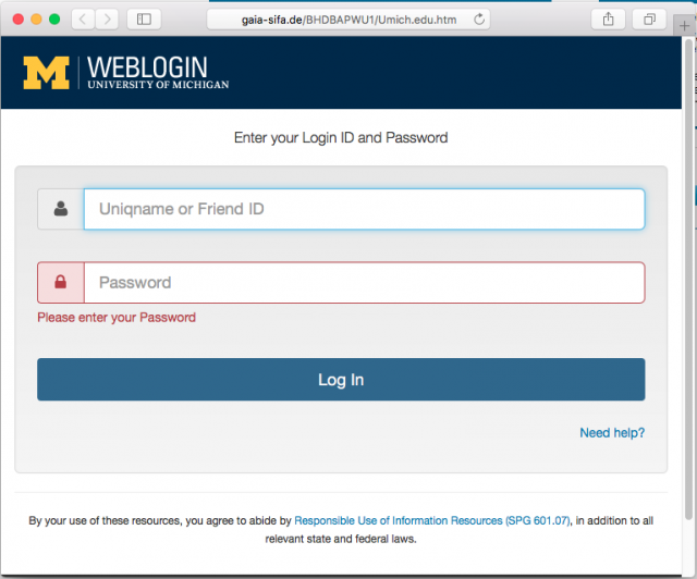 A fake University of Michigan login page is presented by the link.
