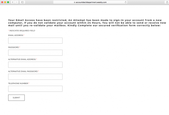 A fake verification page is presented by the link.