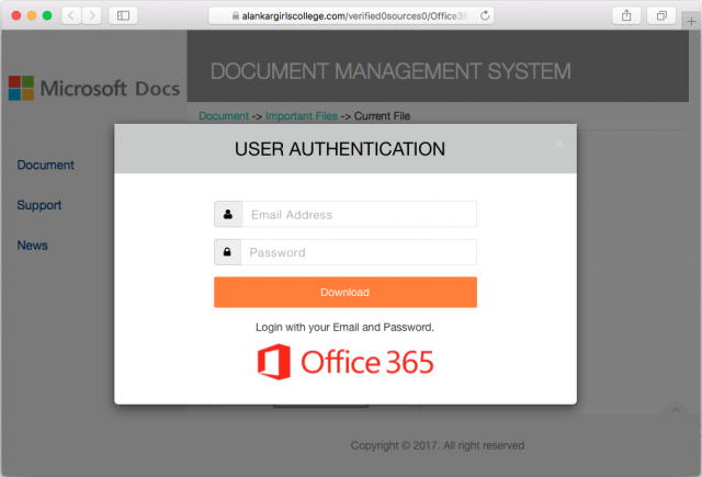 A fake Office 365 login is presented by the link in the PDF attached to this email.