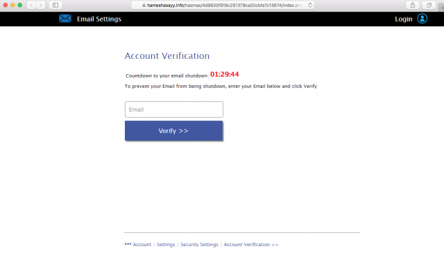 A fake verification window is presented by the link in the email.