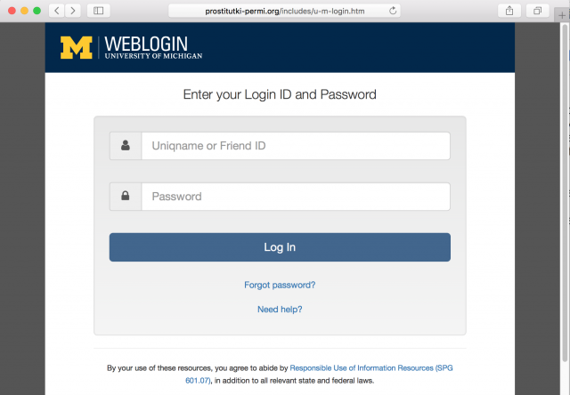 A fake U-M weblogin page is presented by the link in the phishing email.