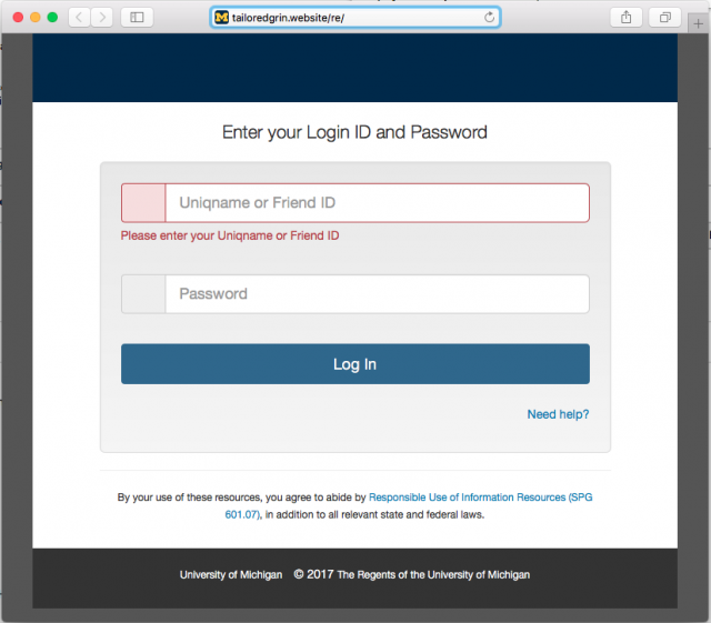 A fake University of Michigan login page is presented by the link in the phishing email.