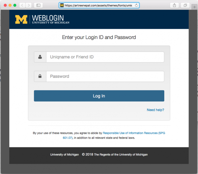 The link in the phishing email leads to a fake U-M login page.